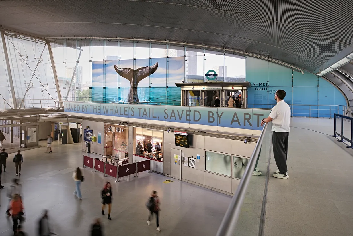 Ahmet Öğüt, ‘Saved by the Whale’s Tail, Saved by Art’, 2025, Stratford station. Commissioned by Art on the Underground and New Contemporaries