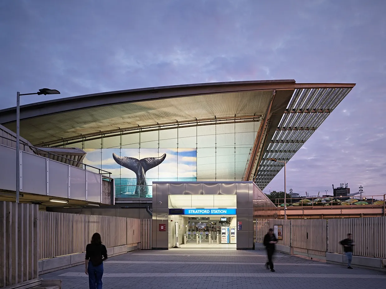 Ahmet Öğüt's ‘Saved by the Whale’s Tail, Saved by Art’, can be seen from outside the station entrance